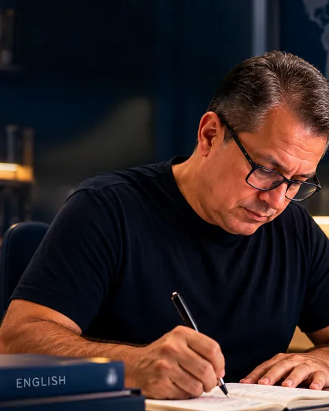 Nagibe Rosti escrevendo num caderno, à mesa, ao lado de livros de inglês